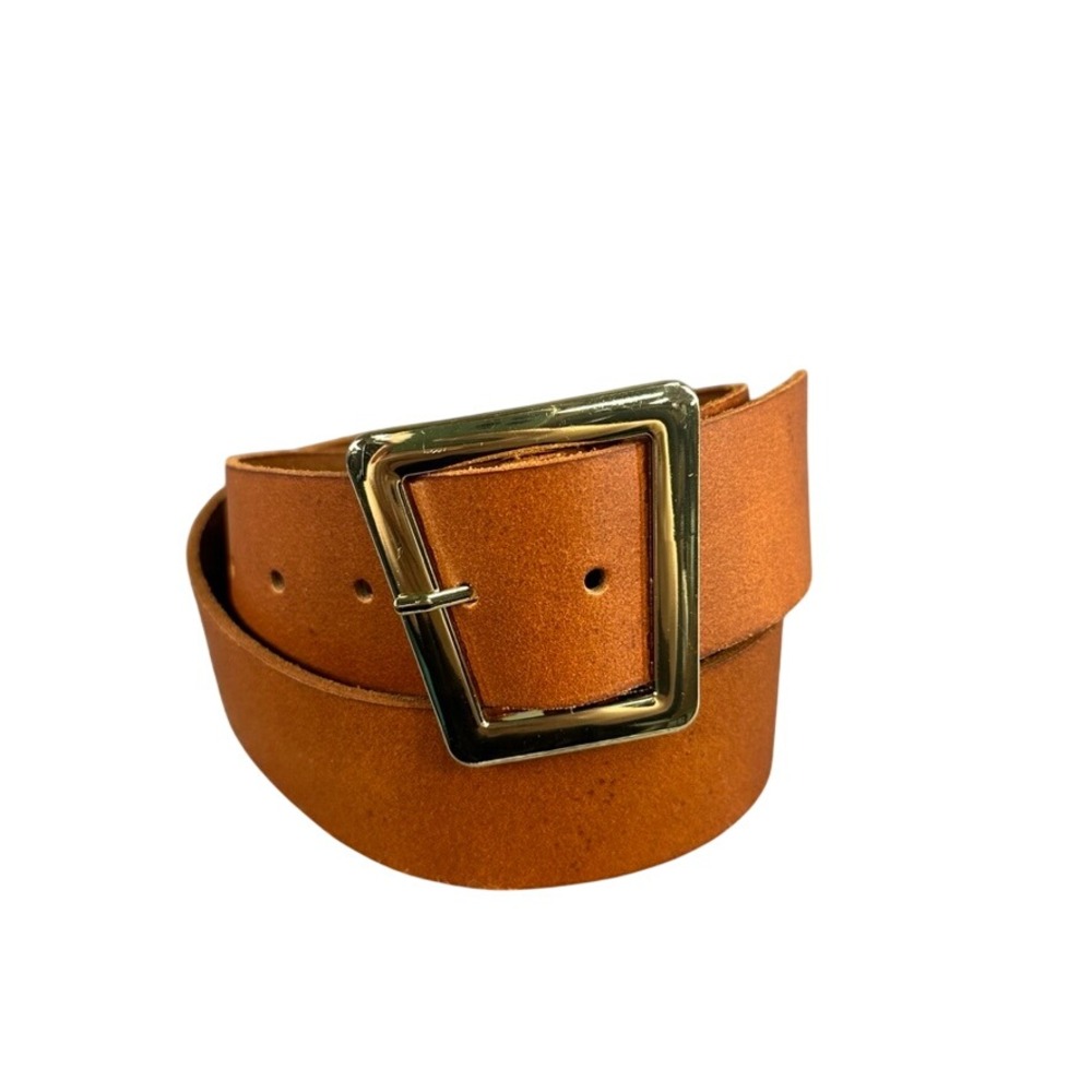 Cognac Brown Genuine Leather Wide Belt Gold Trapezoid Buckle Size S 5139
